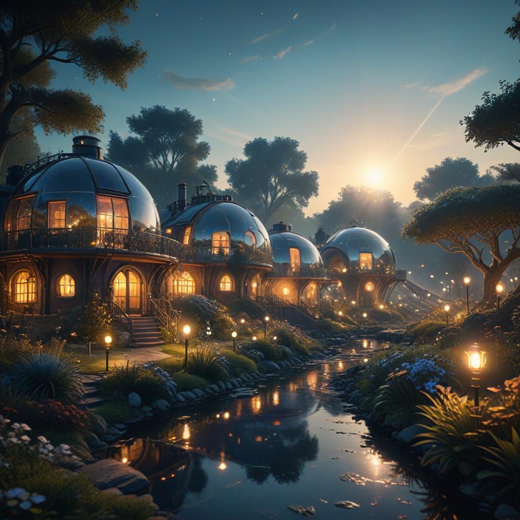 "A peaceful lunar neighborhood with glowing pathways, tree-covered homes, and smart tech seamlessly woven ...  by @Sigas