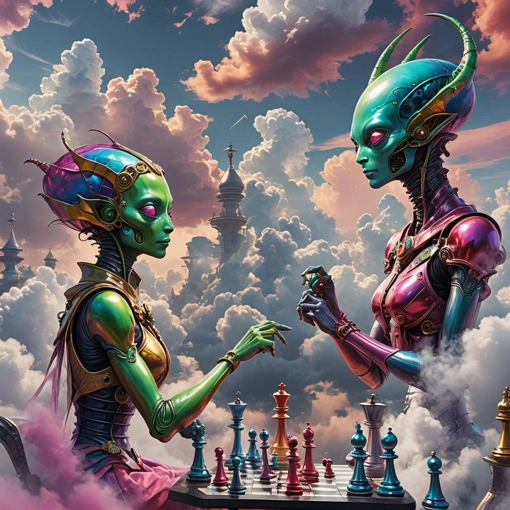 Two alien girls engage in a game of chess on clouds. One ali...