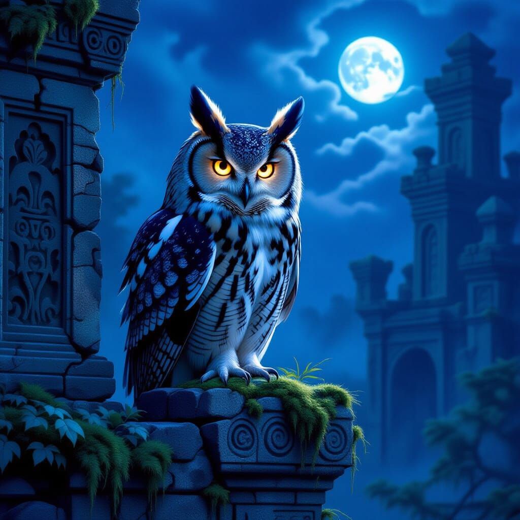 Mystical Owl on Ancient Ruin at Twilight in Dark Fantasy Sty...