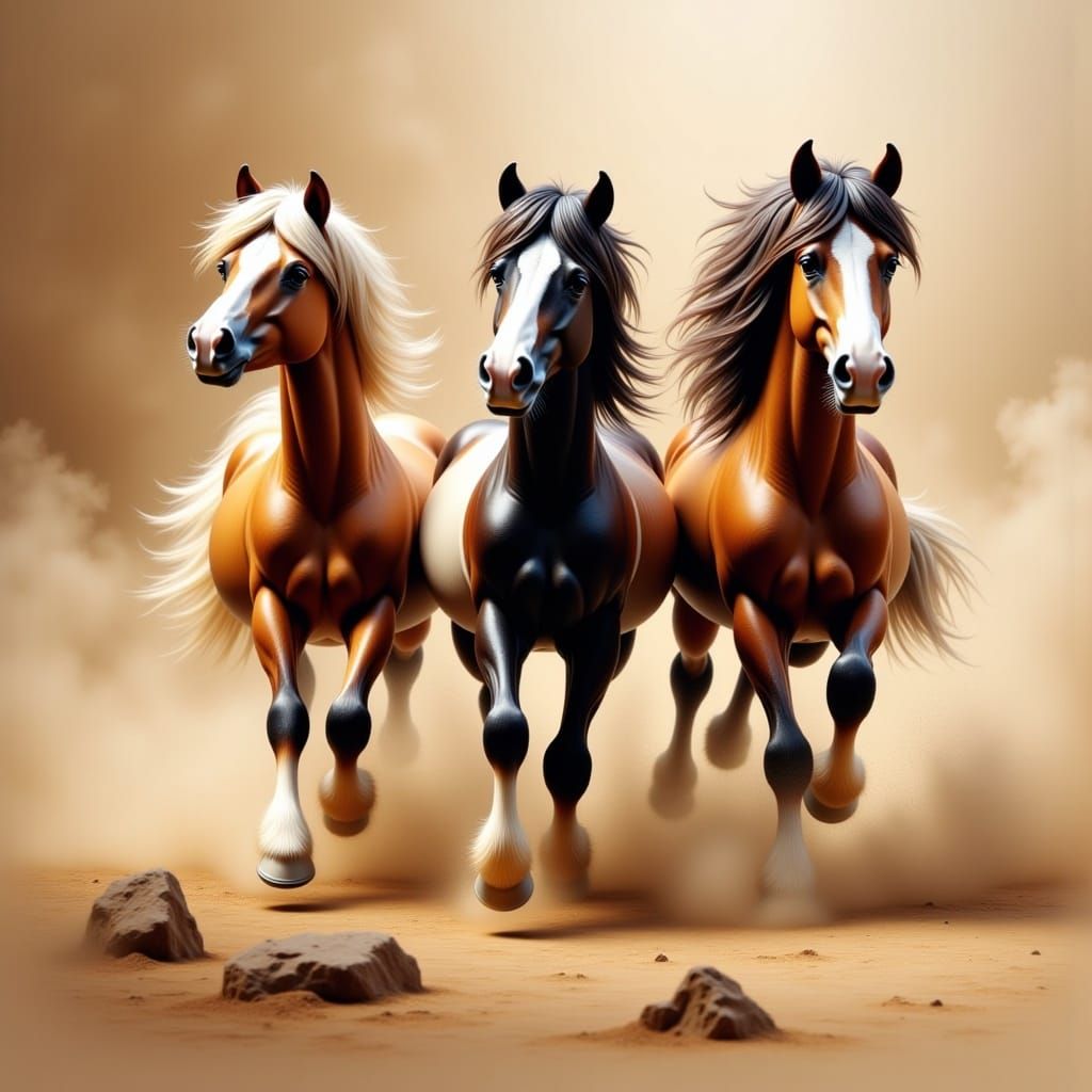 3 wild horses galloping off. dust rising, natural colours,8k Resolution, Matte Painting <lora:Trio of Horses:1.0> 