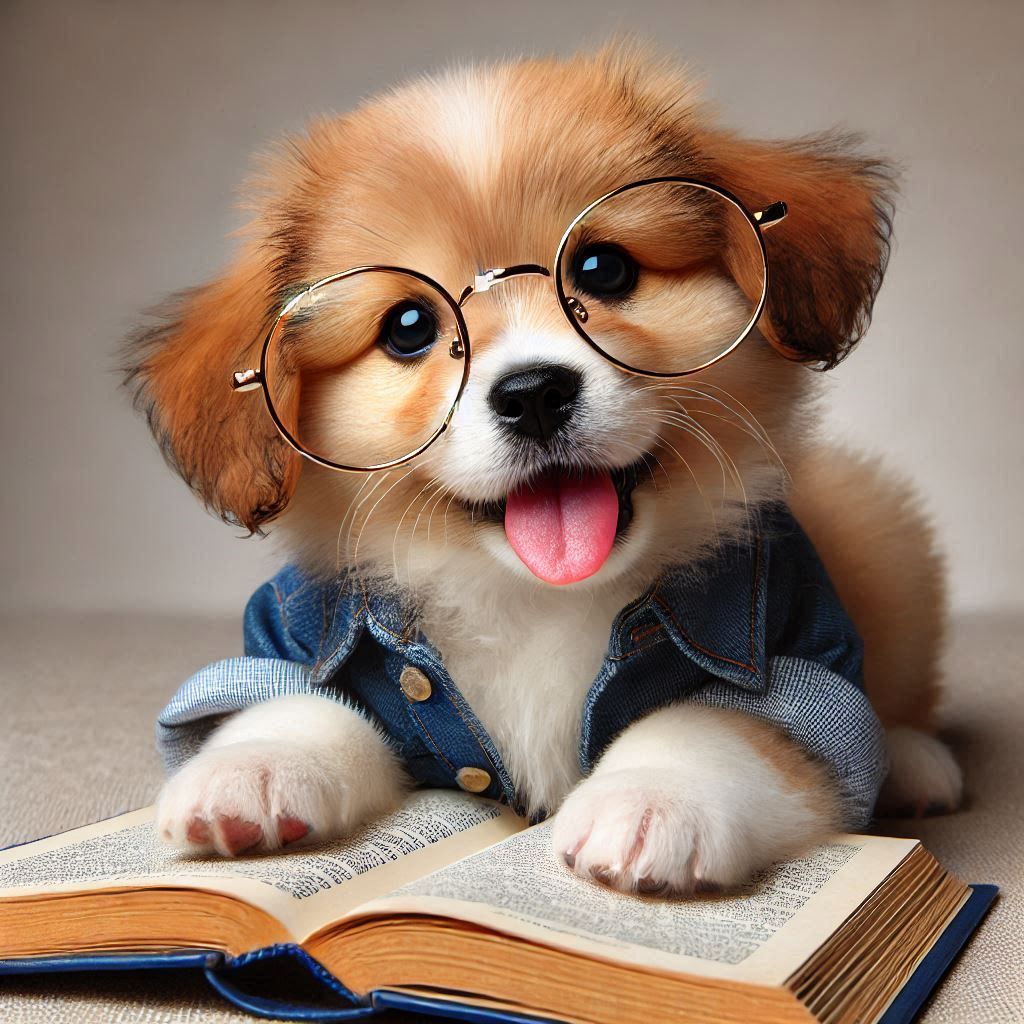 adorable puppy reading book