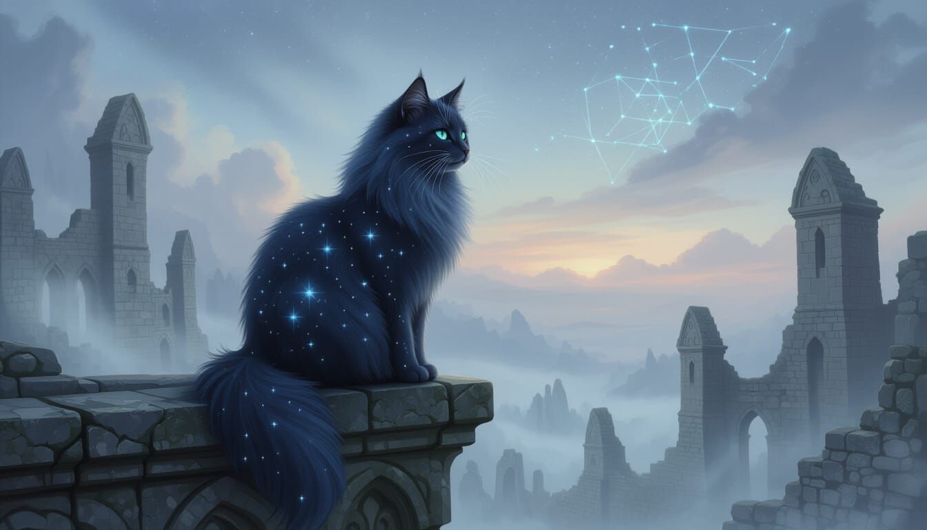 An ethereal cat with fur like a midnight sky, adorned with constellations, sits atop a weathered stone gargoyle overlooking a misty, otherwo...
