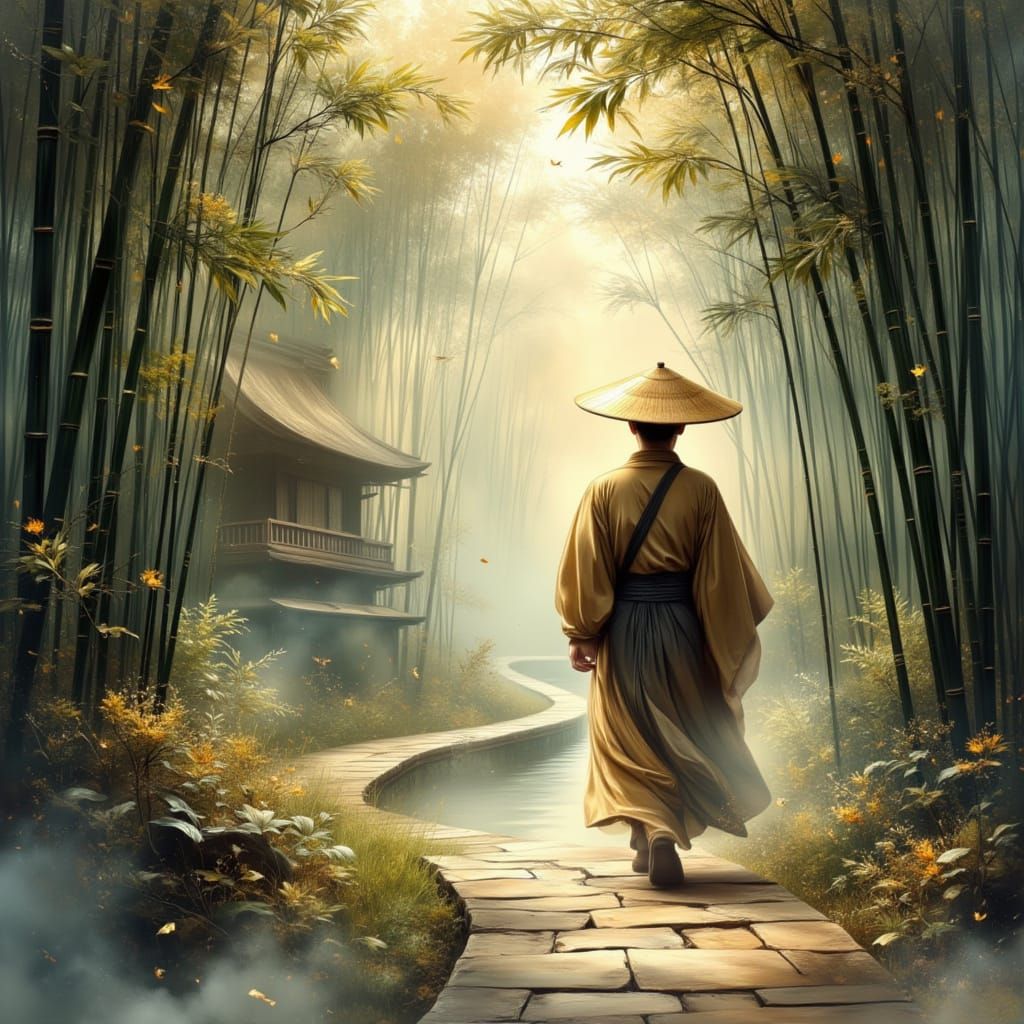 Mystical Bamboo Forest Scholar in Ethereal Moonlight