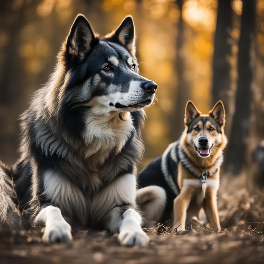 wolf sitting by a husky, border collie, and german shepherd
