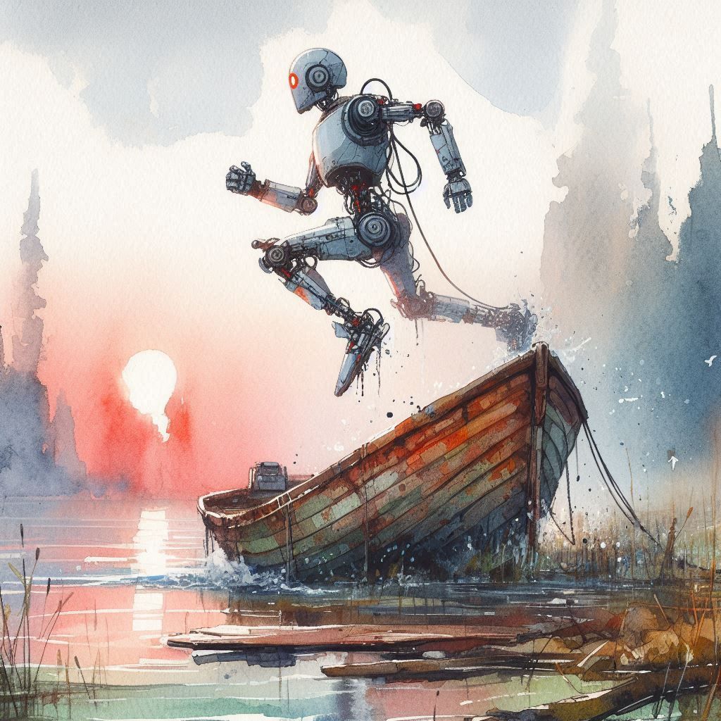A robot leaps over an abandoned rowboat in a watercolor land...