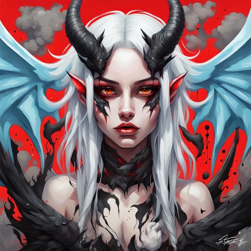 demon girl with white hair one red and one sky blue eye with...