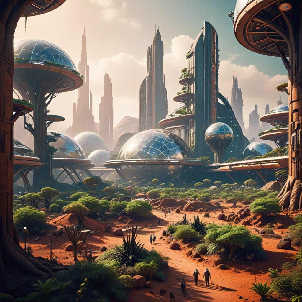 Futuristic City in Mars. Biosphere. Humans. Trees ans plants