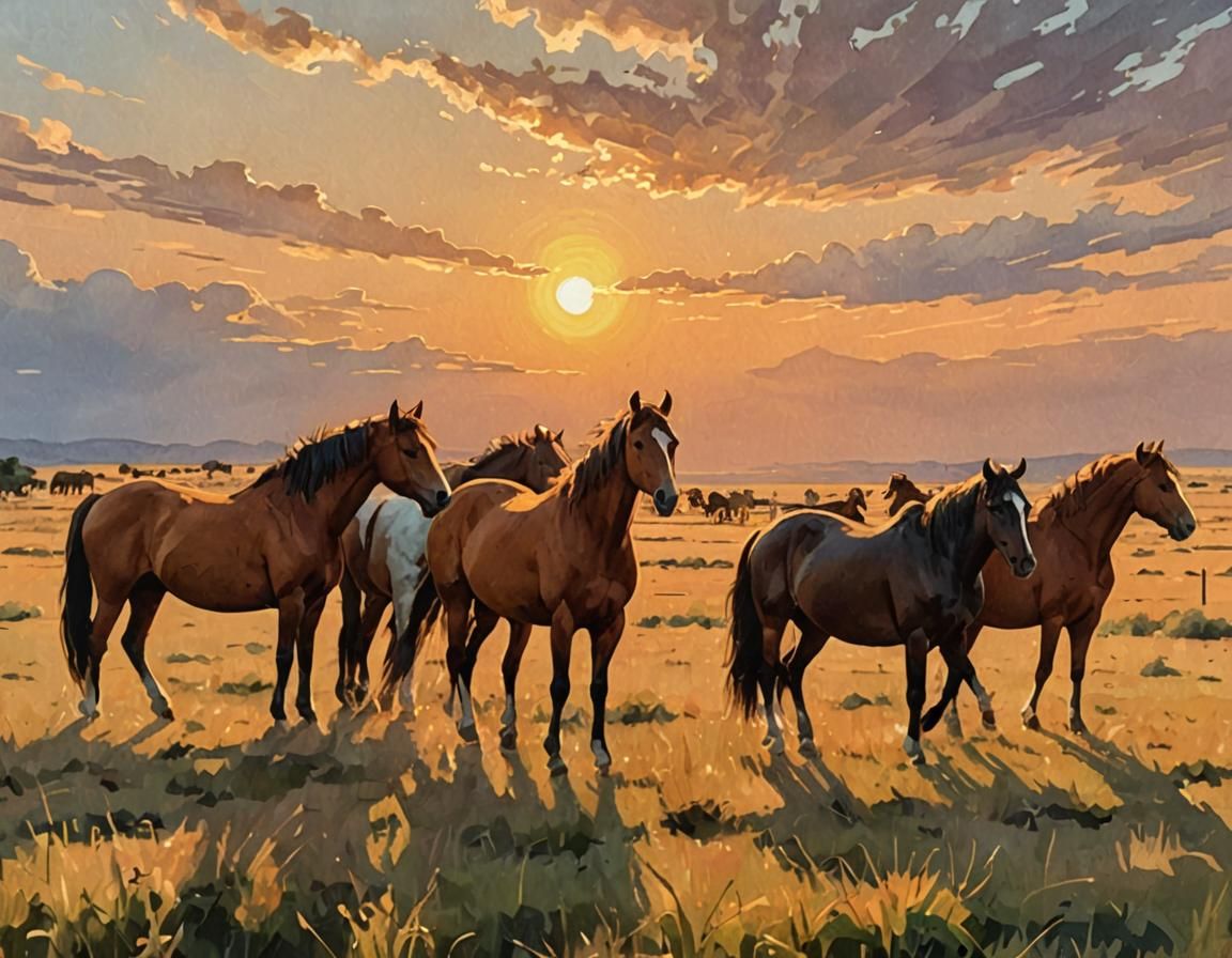 horses on the plains cel-shaded golden hour impressionism