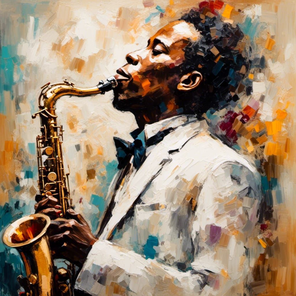 <lora:DreamFalls:1.0>  a black saxophone player in a white c...