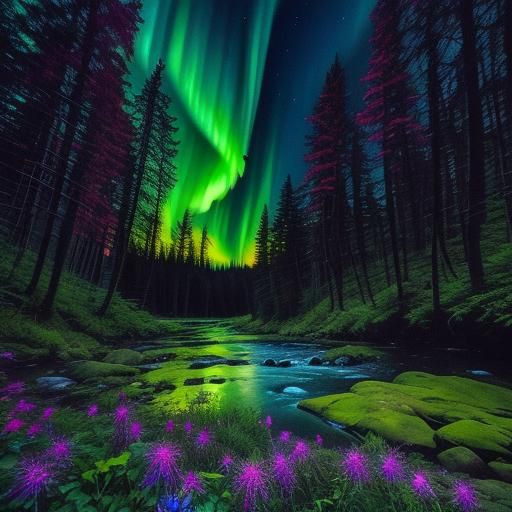 Enchanted forest, babbling brook, wildflowers, magical, bright, fire flies, moon, aurora borealis  by @5Foot3 Marie