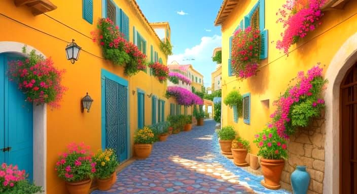 Watercolor and oil painting mix. A sun-drenched terrace overflowing with vibrant bougainvillea, overlooking a sparkling blue sea. Stone path...