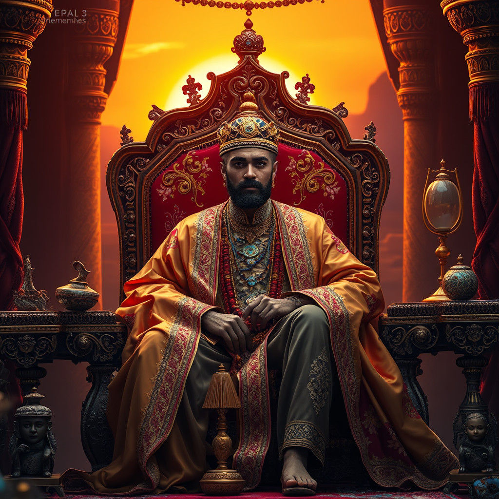 Majestic Arabian Prince on Throne in Sunset Light