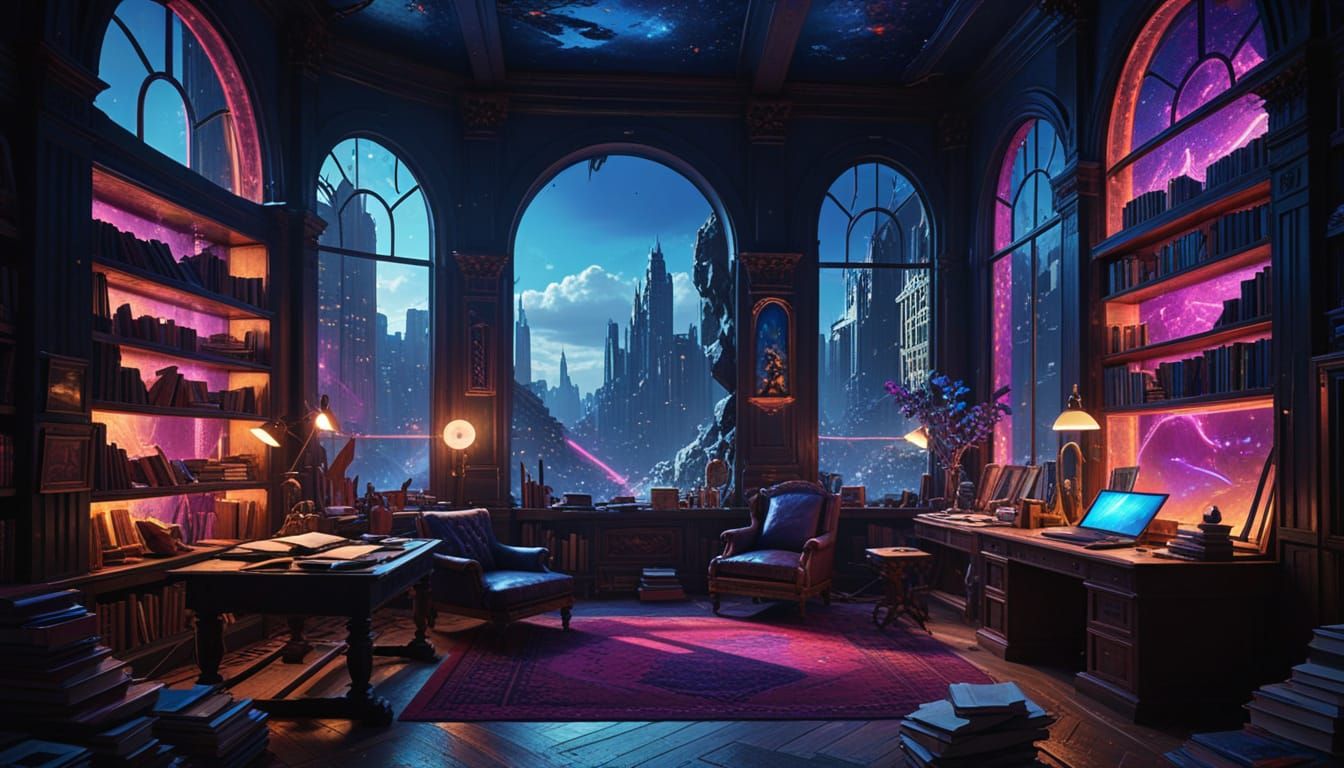 A vibrant, cluttered study illuminated by pulsating neon lights in electric blue and magenta, casting dynamic shadows across walls lined wit...