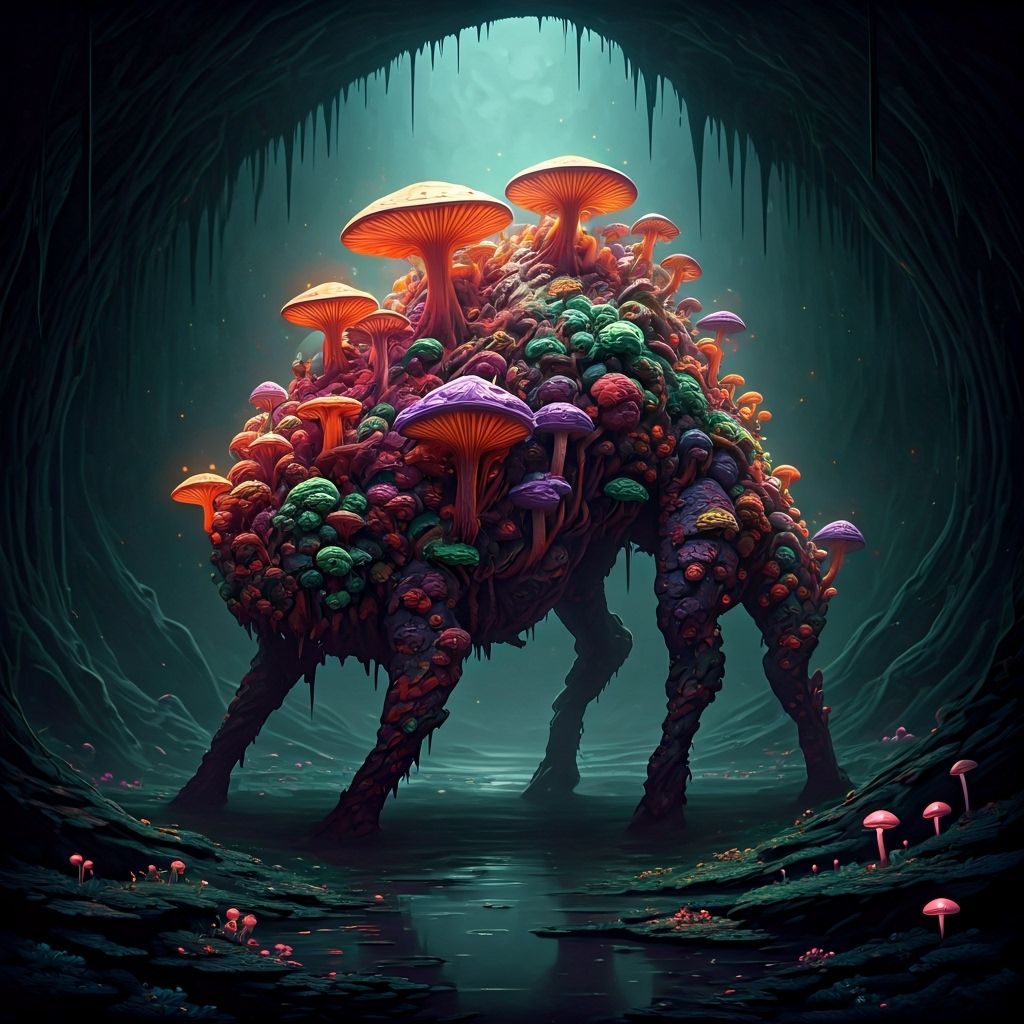"Create a dark fantasy image of a Corrupted Mushroom Beast, a four-legged creature entirely made of vibrant mushrooms. Its body is a twisted...