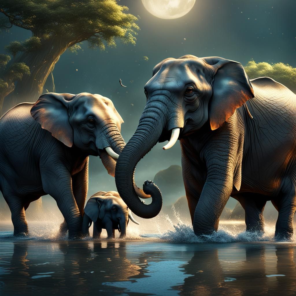 Baby and mother elephants playing in water   by @Fritholf