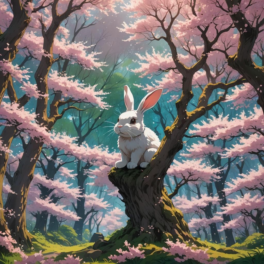 bunny in a forest of cherry blossom trees