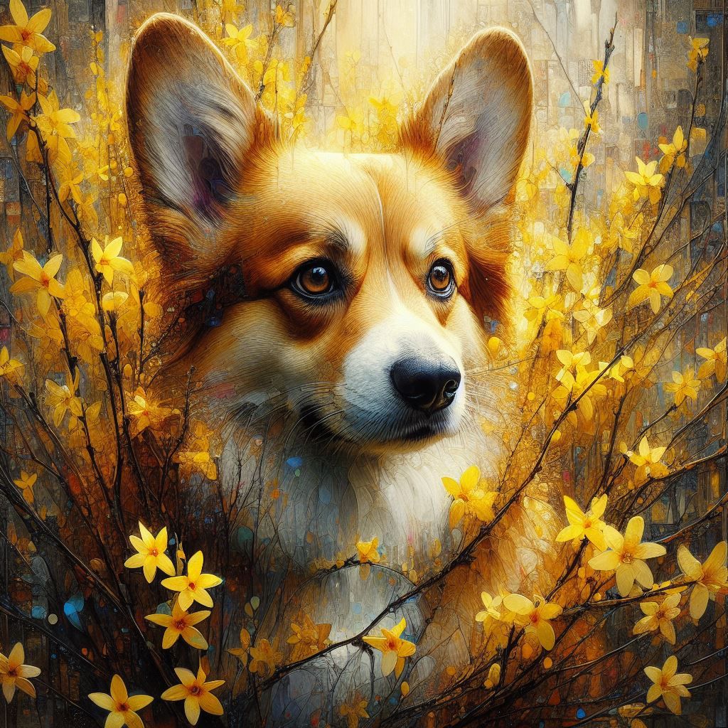 Corgi in the Forsythias