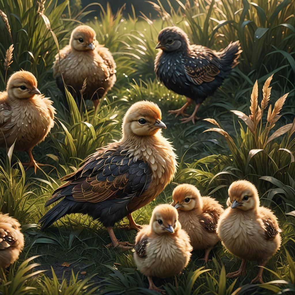 Brown, white, black, and red Heritage breed chicks on grass.