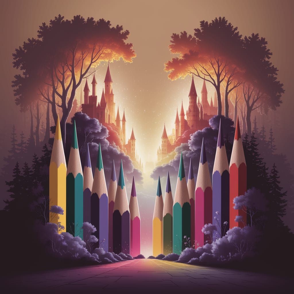 A magical fantasy scene emerging from the tips of colorful pencil leads, featuring glowing castles, enchanted forests, and mythical creature...