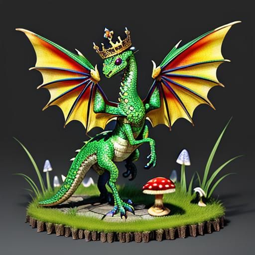 a tiny dragon, adorned with a crown, perched atop a large, v...