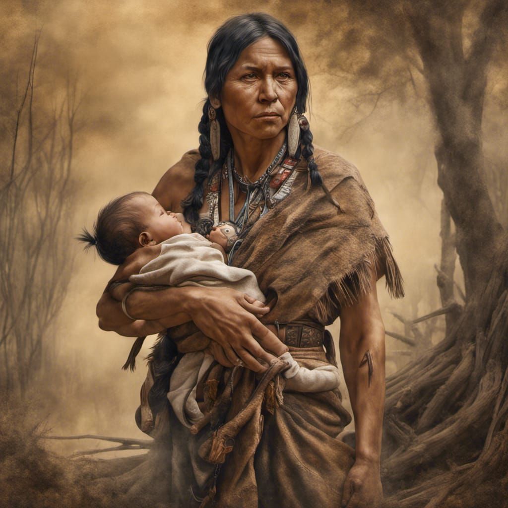Native American Indian woman with her son - AI Generated Artwork