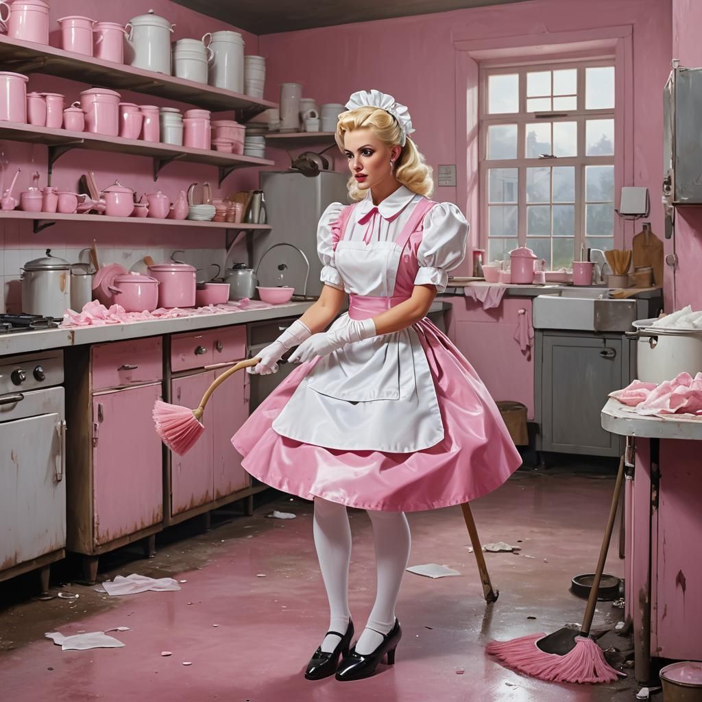 Maid in Pink Latex Uniform, Detailed Matte Painting