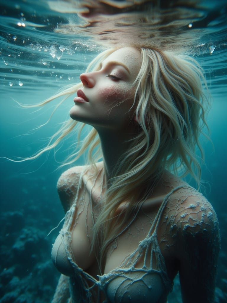 <lora:-Omnious-:1.0> create ultra realistic portrait under water, side view(90 degrees), her hair is touch the surface, messy hair. Calm wit...