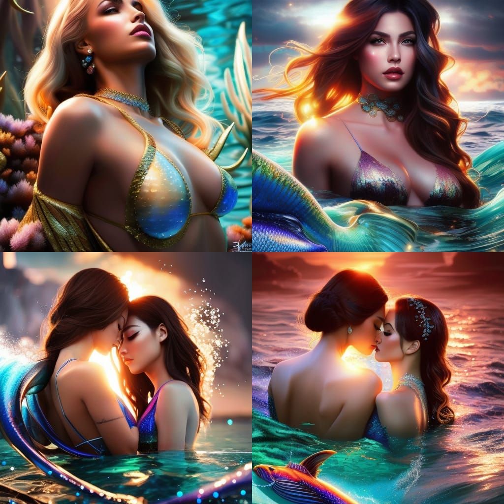 Photo-realism HDR portrait, 2 beautiful women mermaids making love touching each  other, flawless eyes, “by Artgerm, Pixar, WLOP”, fantasy ra... - AI  Generated Artwork - NightCafe Creator