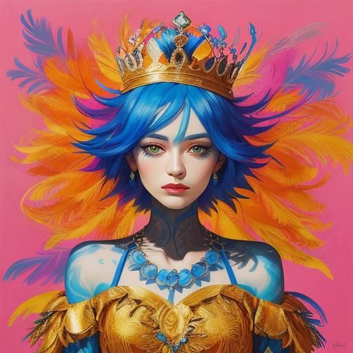 Beautiful woman with blue hair, crown made out of orange flo...
