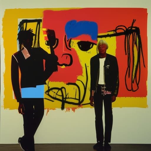 Portrait of Andy Warhol standing next to Jean Michel Basquia...