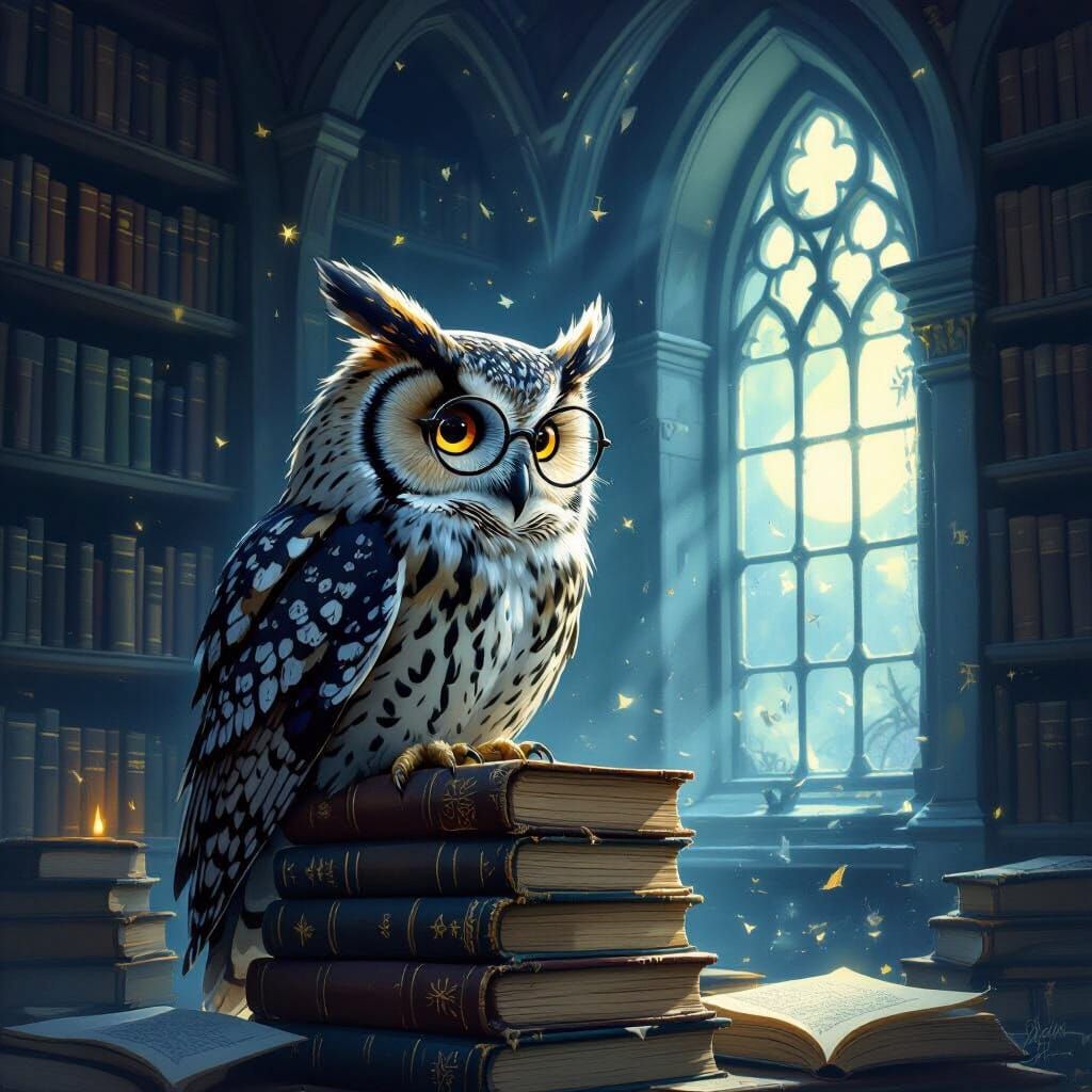 Wise Owl Scholar in Moonlit Library