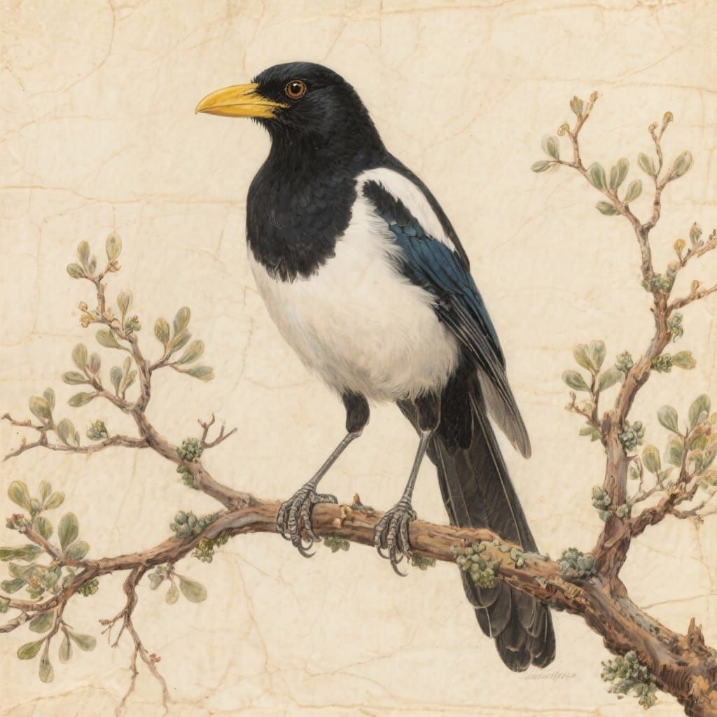 A yellow-billed magpie sitting on manzanita branch, realistic painting on vellum