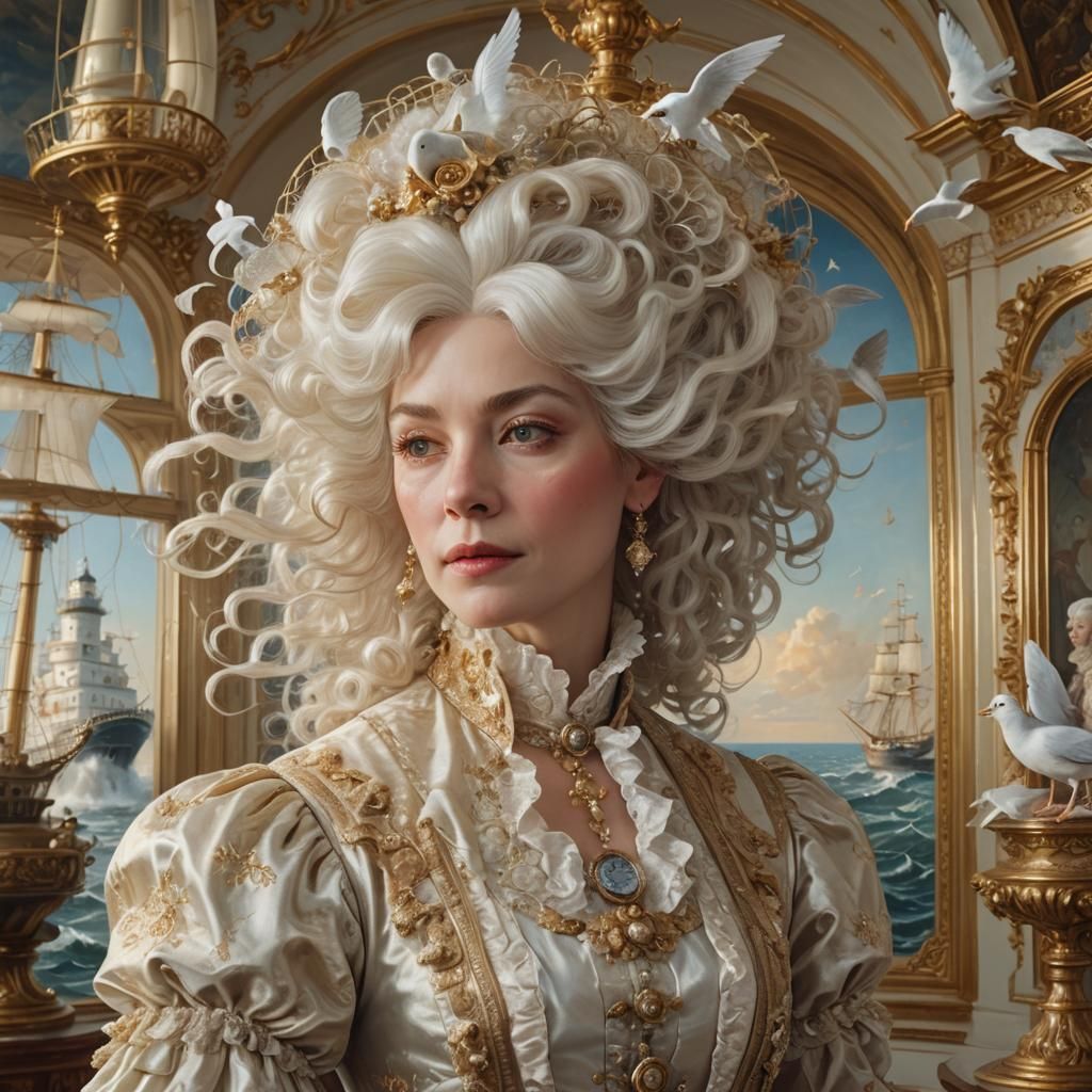 1700s woman with an elaborate white wig,  the wig contains a ship, a lighthouse, and several seagulls