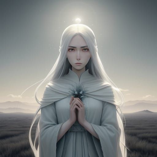 Haunting Anime Saint in Desolate Landscape