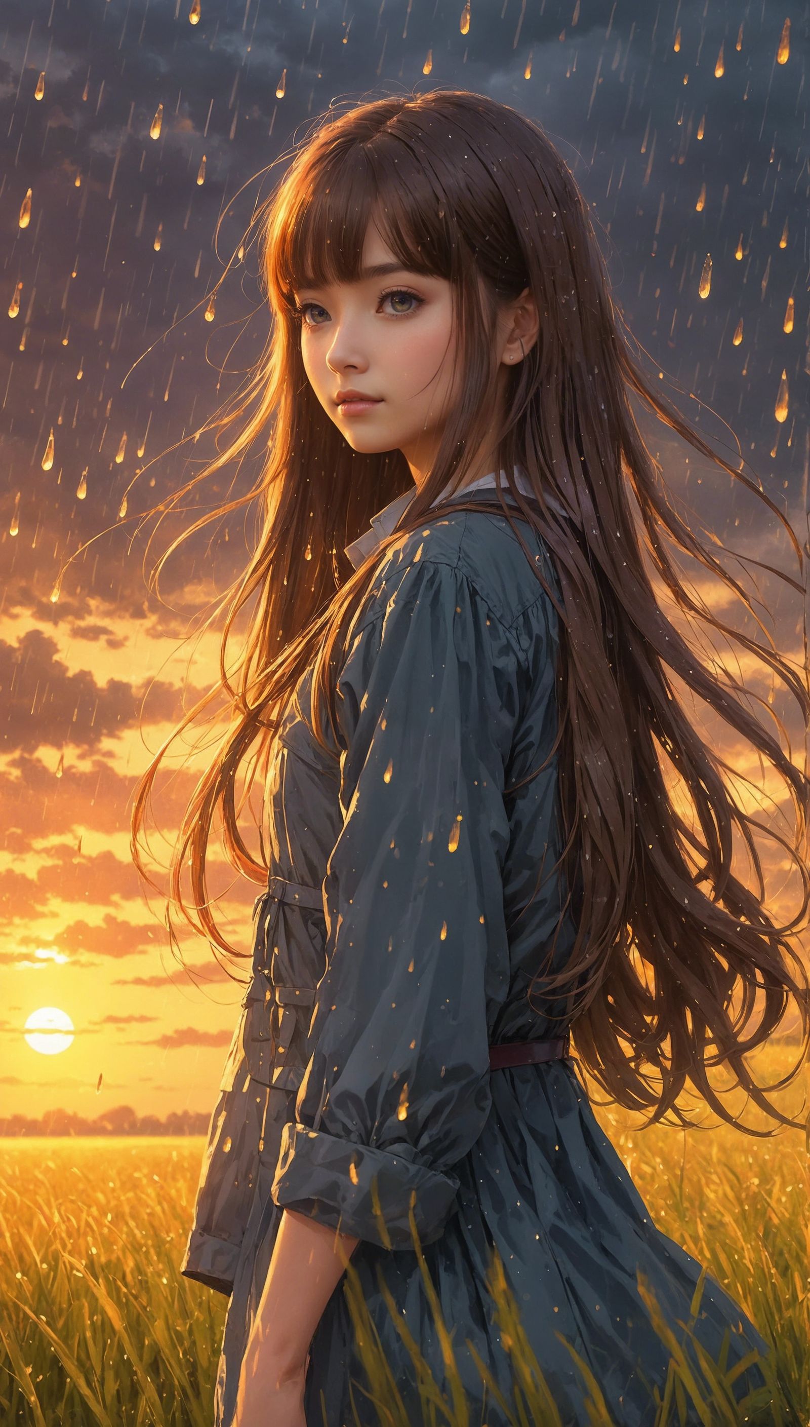 an anime-style girl with long hair stands in a field with a stunning sunset and gentle rain. The golden light of the set...