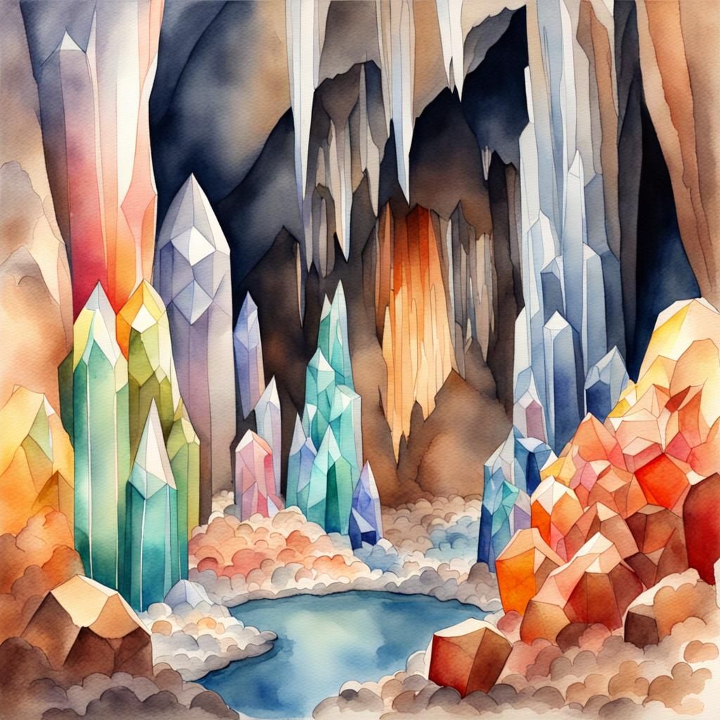 watercolor painting of a huge cave with giant multicolored c...