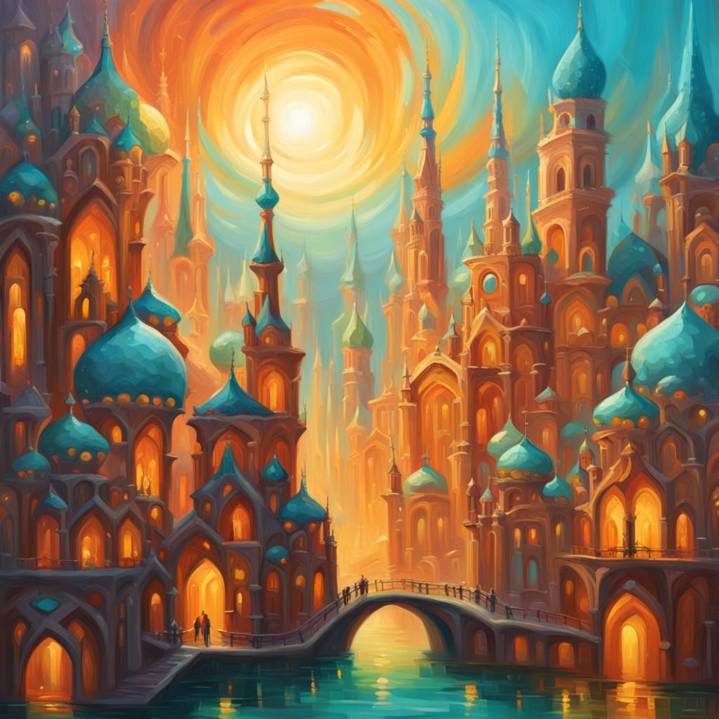 Fantasy City in Glowing Clamshell: Fauvist Oil Painting