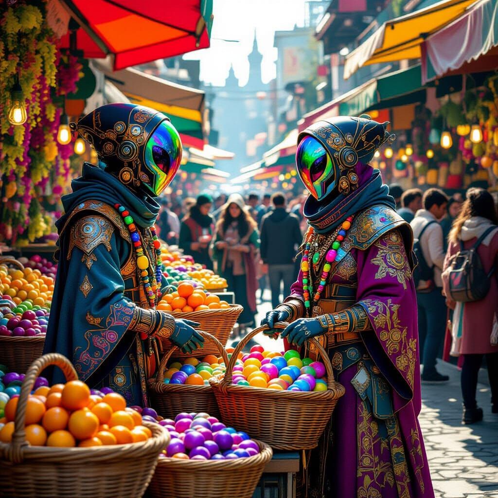  Alien merchants selling glowing produce in the farmers market  by @Henrietta Watson 