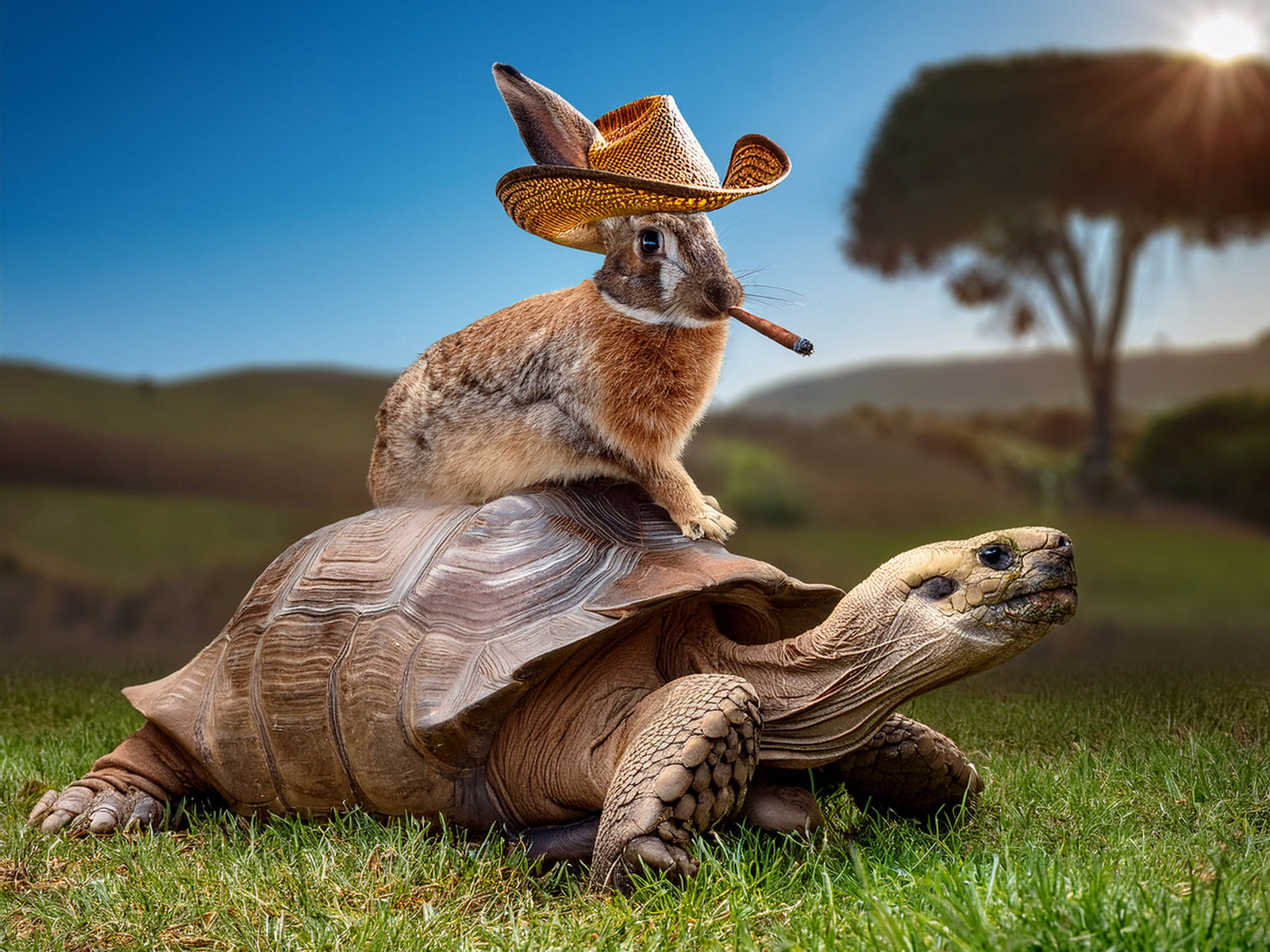 A hare, mounted on the shell of a huge Galapagos tortoise