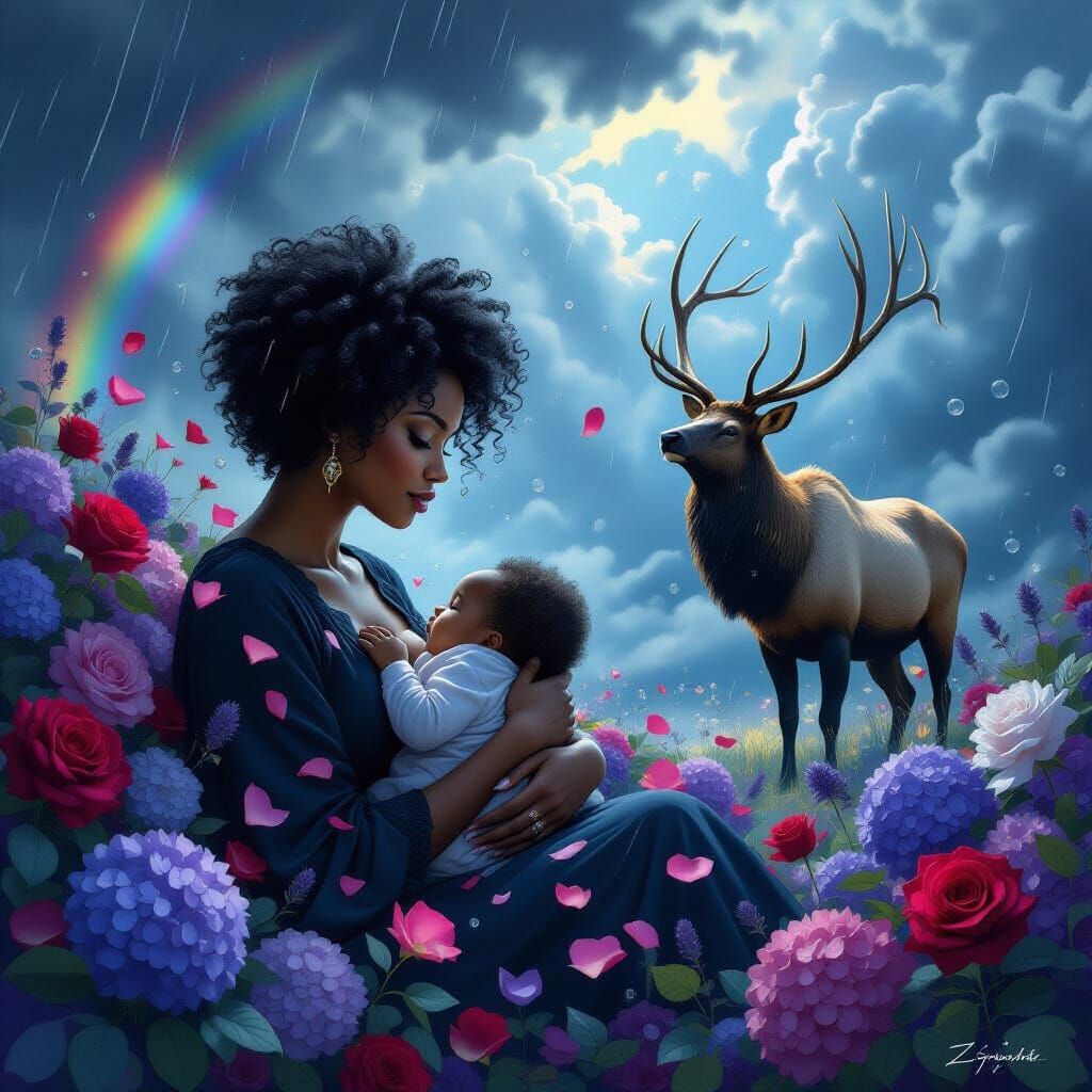 Mother and Baby in Mystical Storm of Flowers