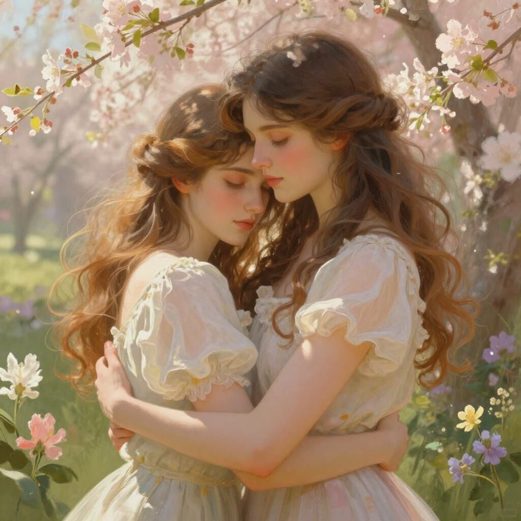 Warm Embrace of Two Women in Spring Garden
