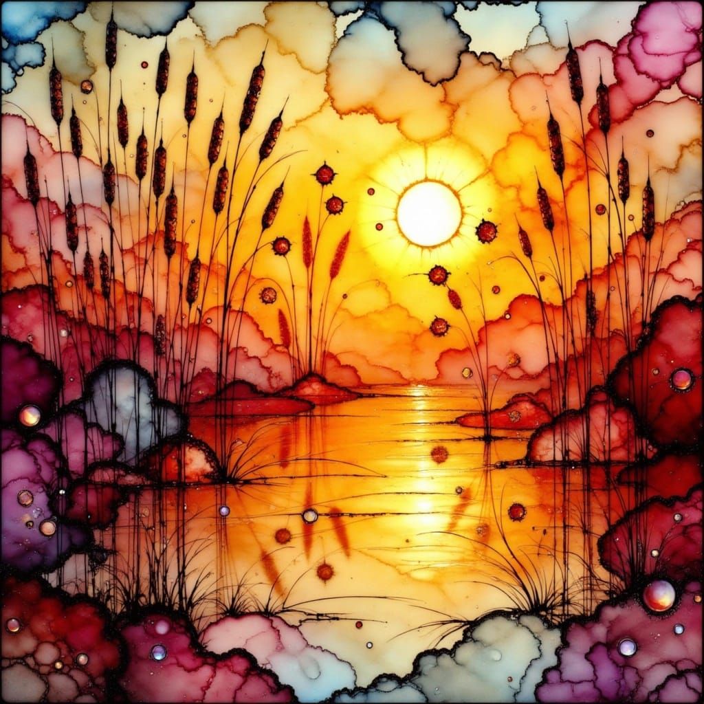 <lora:Alcohol Ink Splash:1.0> stained glass alcohol ink splash tall reeds and cattails with a bokeh sunset Japanese ink wash 