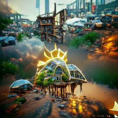 Solarpunk city ruins flooded - AI Photo Generator - starryai