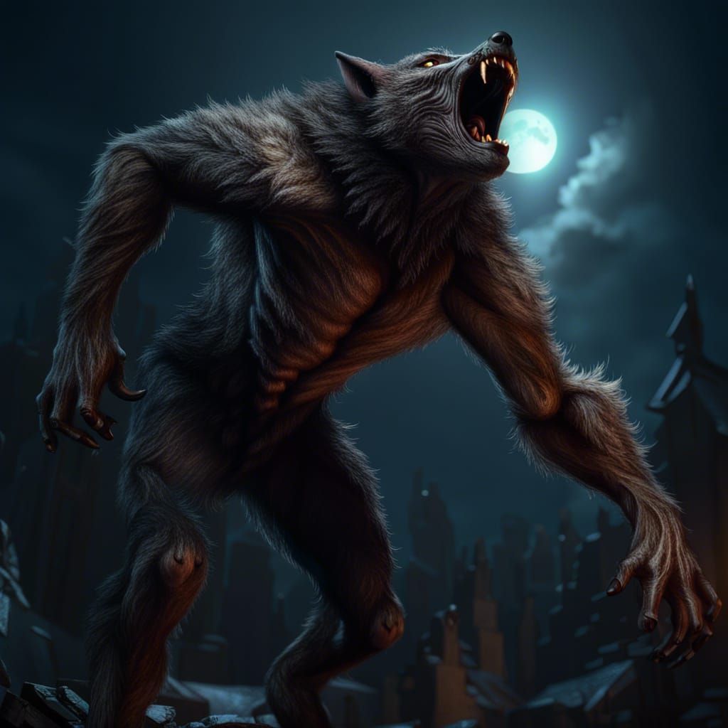 Werewolf ripping his shirt off howling at a full moon. AI Generated