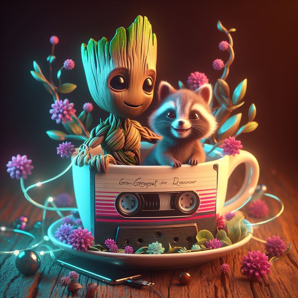 Baby groot and baby rocket racoon in a teacup