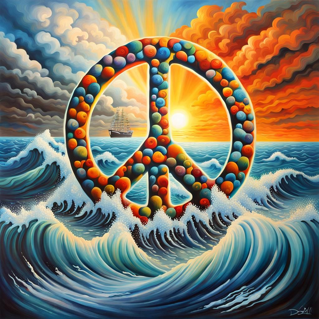 Peace Symbol in Stormy Sea: Splash Surrealism