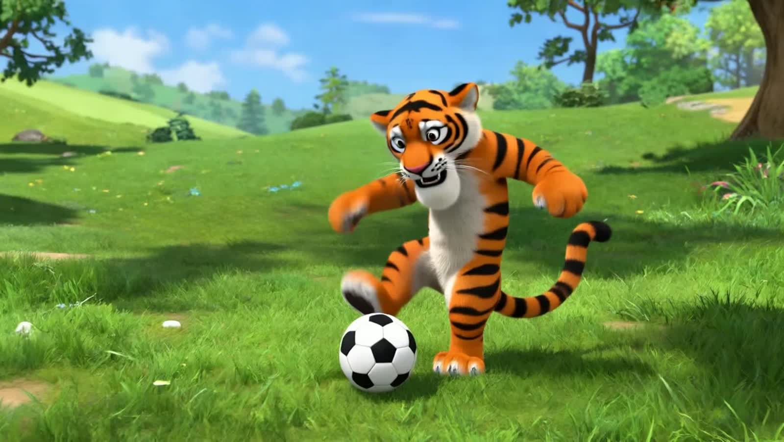 A tiger is playing football and after this he is drinking water