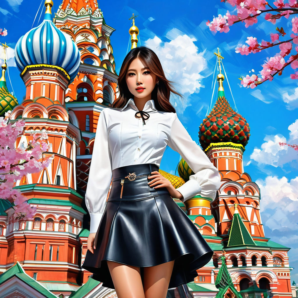 Japanese girl poised amidst the St. Basil's Cathedral