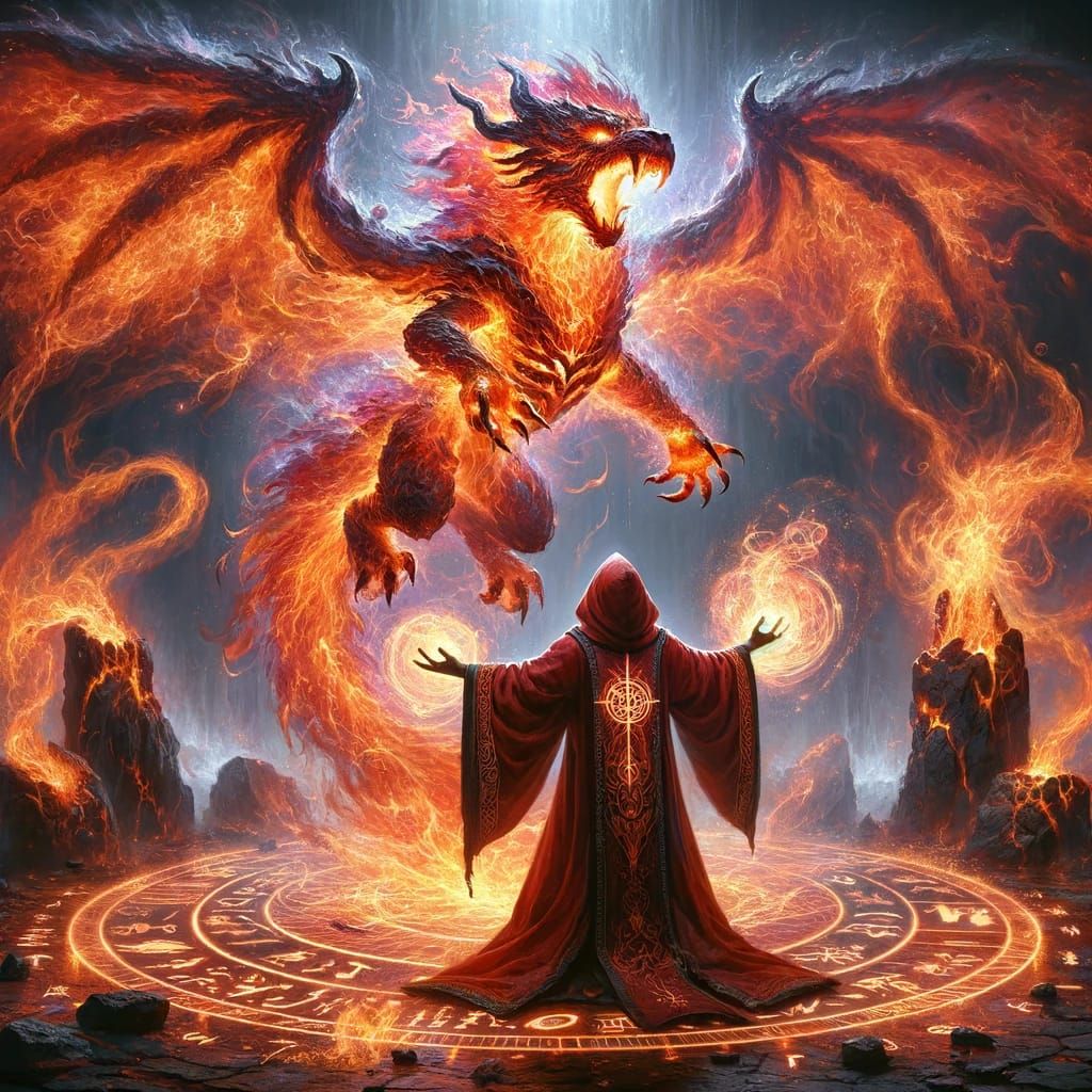Powerful sorcerer summons a fire dragon spirit
