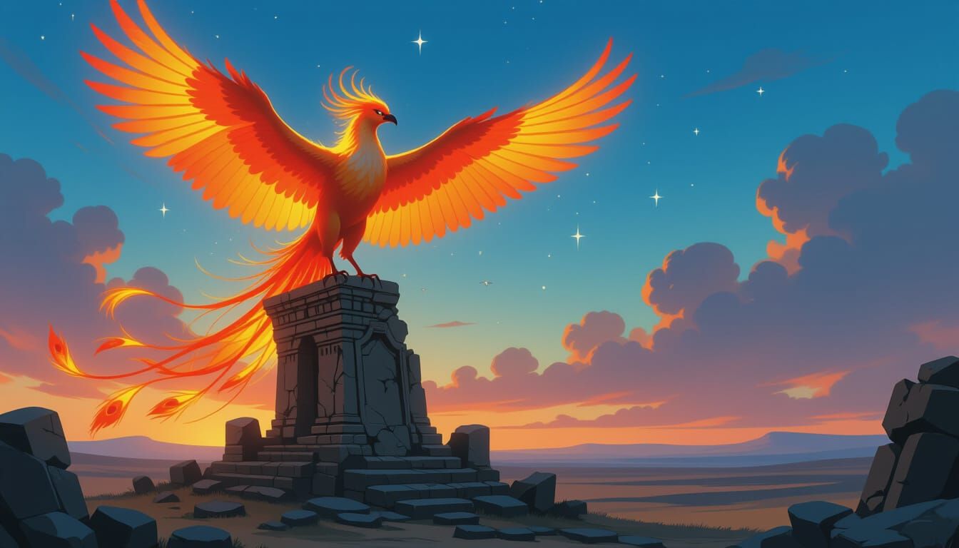 Majestic Phoenix on Ancient Ruin